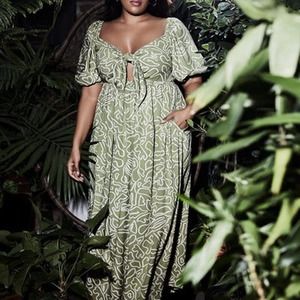 NWT Eloquii | Green Cream Line Art Squiggle Tie Bust Plus Size Maxi Dress 22